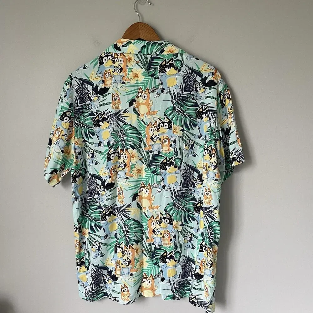 Bluey Hawaiian Button Up Shirt Top Lightweight Cartoon Beach Casual Camp Men's M